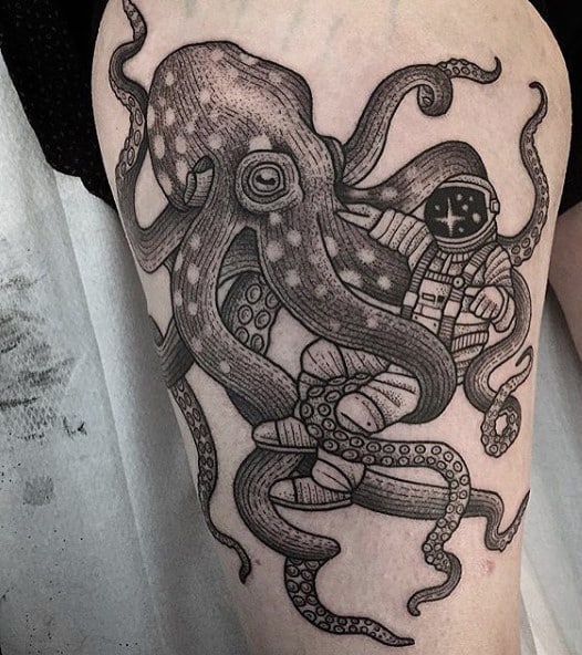 Grey Astranaut & Octopus Tattoo On Thigh