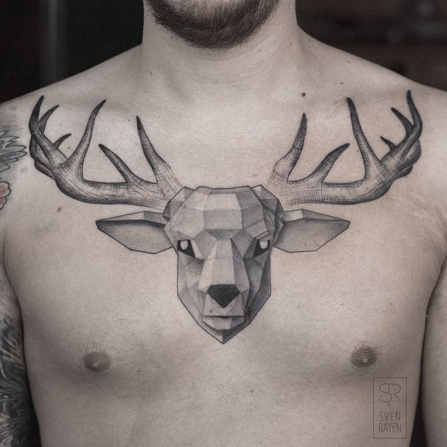 Grey Deer Dotwork Chest tattoo for Men