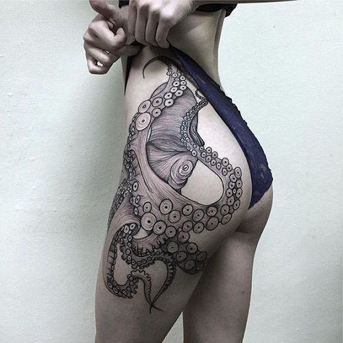 Grey Dotwork Large Octopus Tattoo On Side Body
