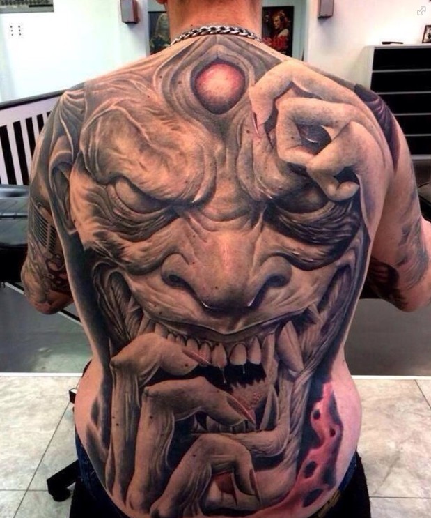 Grey Ink 3D Full Back Demon Tattoo