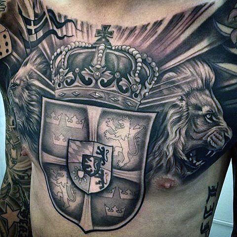 Grey Ink Awesome Knight Crest Chest Tattoo For Men