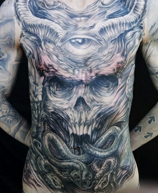 Grey Ink Demon, Skull And Snake Full Body Tattoo