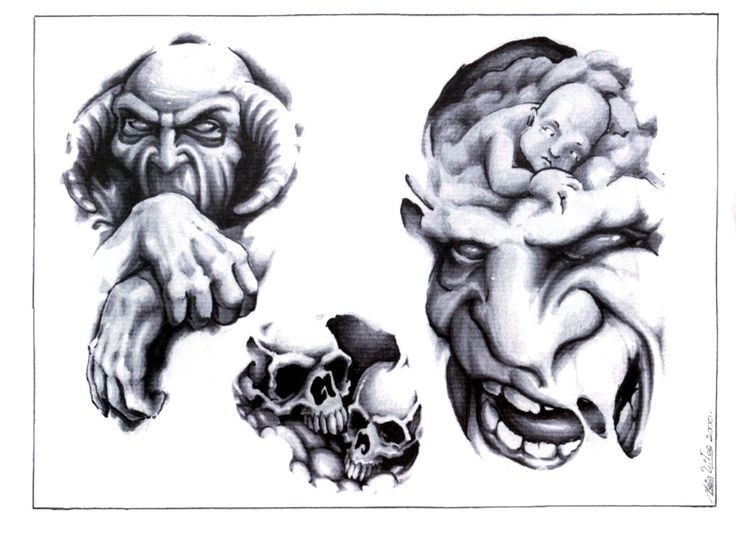 Grey Ink Demon Skull Tattoo Designs