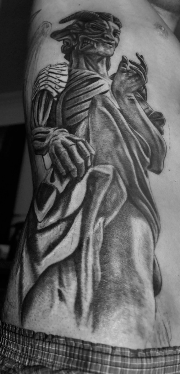 Grey Ink Lady Demon Tattoo On Side Rib