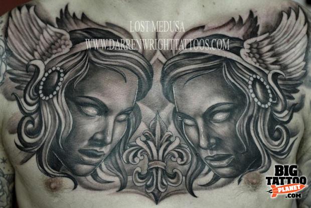 Grey Ink Medusa Chest Tattoo For Men