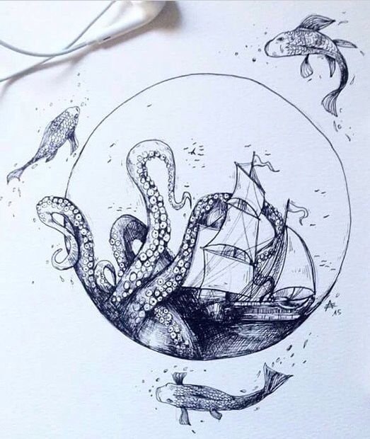 Grey Ink Ocean Dwelling Monster Kraken Tattoo Design