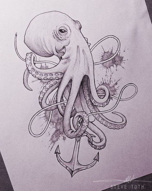 Grey Ink Octopus Holding An Arrow Tattoo Design By Steve Toth