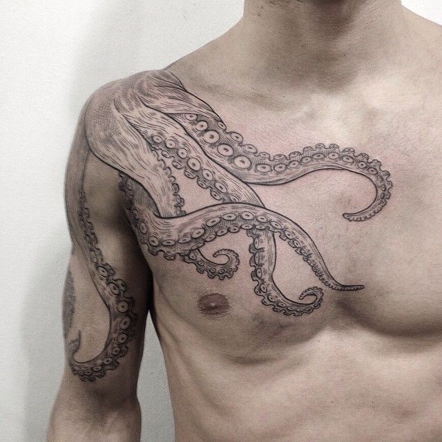 Grey Ink Octopus Tattoo On Shoulder, Chest & Arm