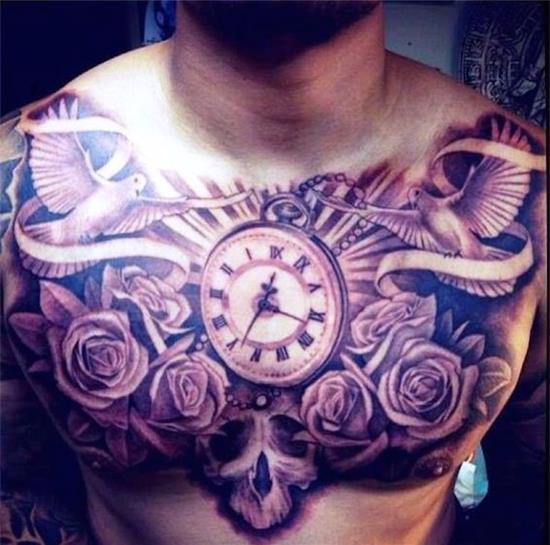 Grey Ink Pocket Watch & Skull Surrounded by Roses Tattoo With Flying Dove