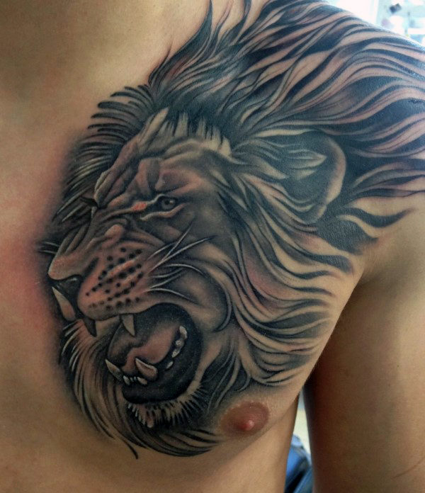 Grey Ink Realistic Lion Tattoo on Left Chest & Shoulder