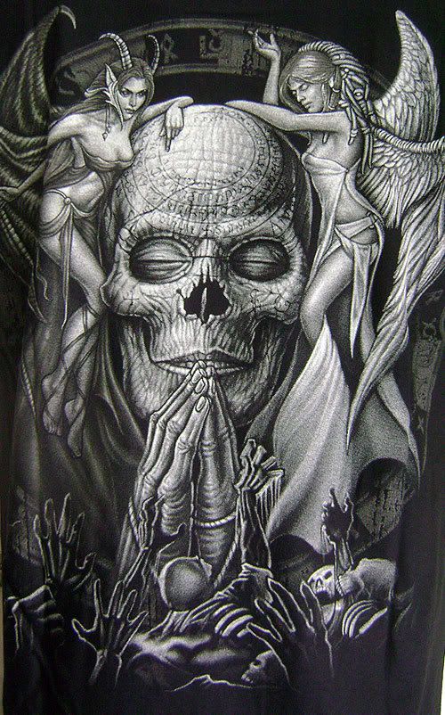 Grey Ink Sexy Angels With Skull Face Demon Tattoo Design By Bduncanperritt