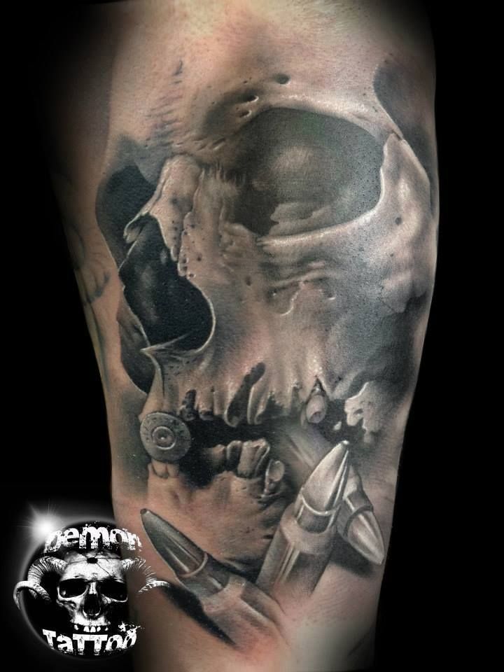 Grey Ink Skull Demon & Bullets Tattoo By Dani Martos