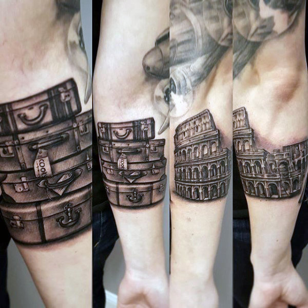 Grey Ink Suitcases & Roman Colosseum Travel Tattoo On Arm