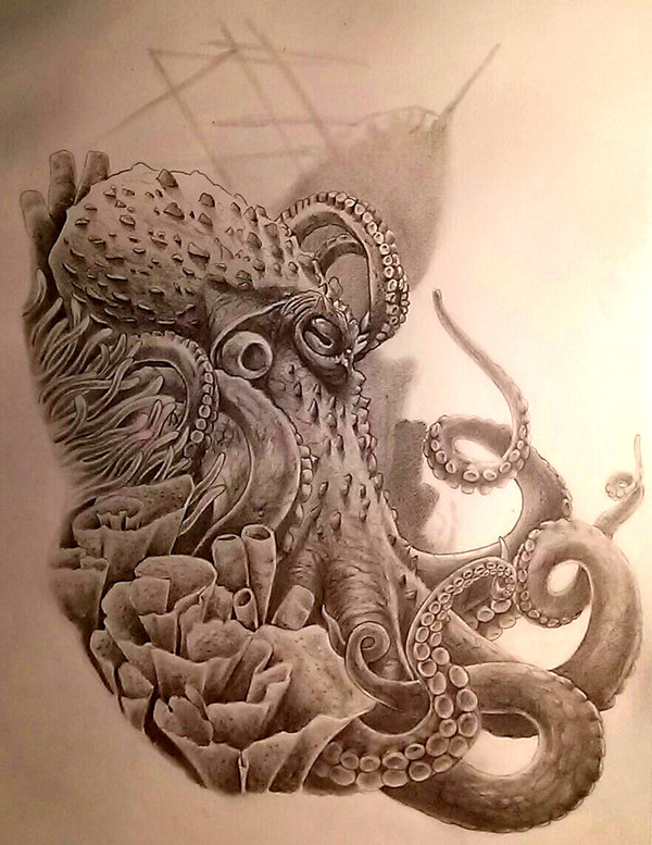 Grey Octopus In Sea Tattoo Design