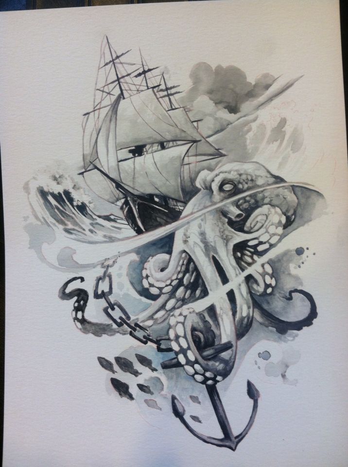 Grey Ship Anchor & Octopus Tattoo Design