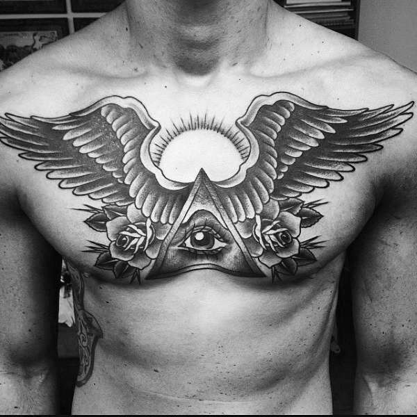 Grey Wings With Triangle Eye & Flowers Tattoo On Chest For Men