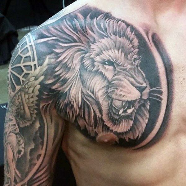 Grey ink Realistic Lion & Angel Composition Tattoo on Chest & Arm