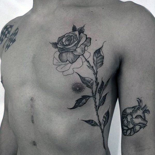 Grey ink Simple Rose With Stem Tattoo on Chest & Siderib