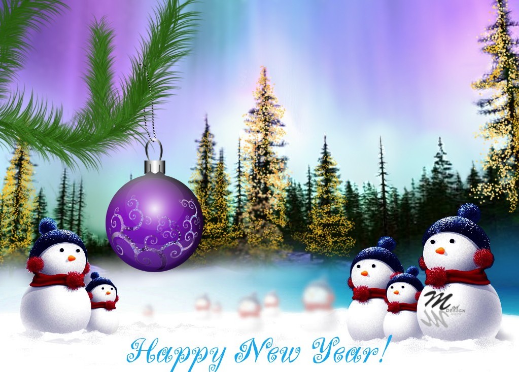 Happy new year snowmen and christmas hanging ball