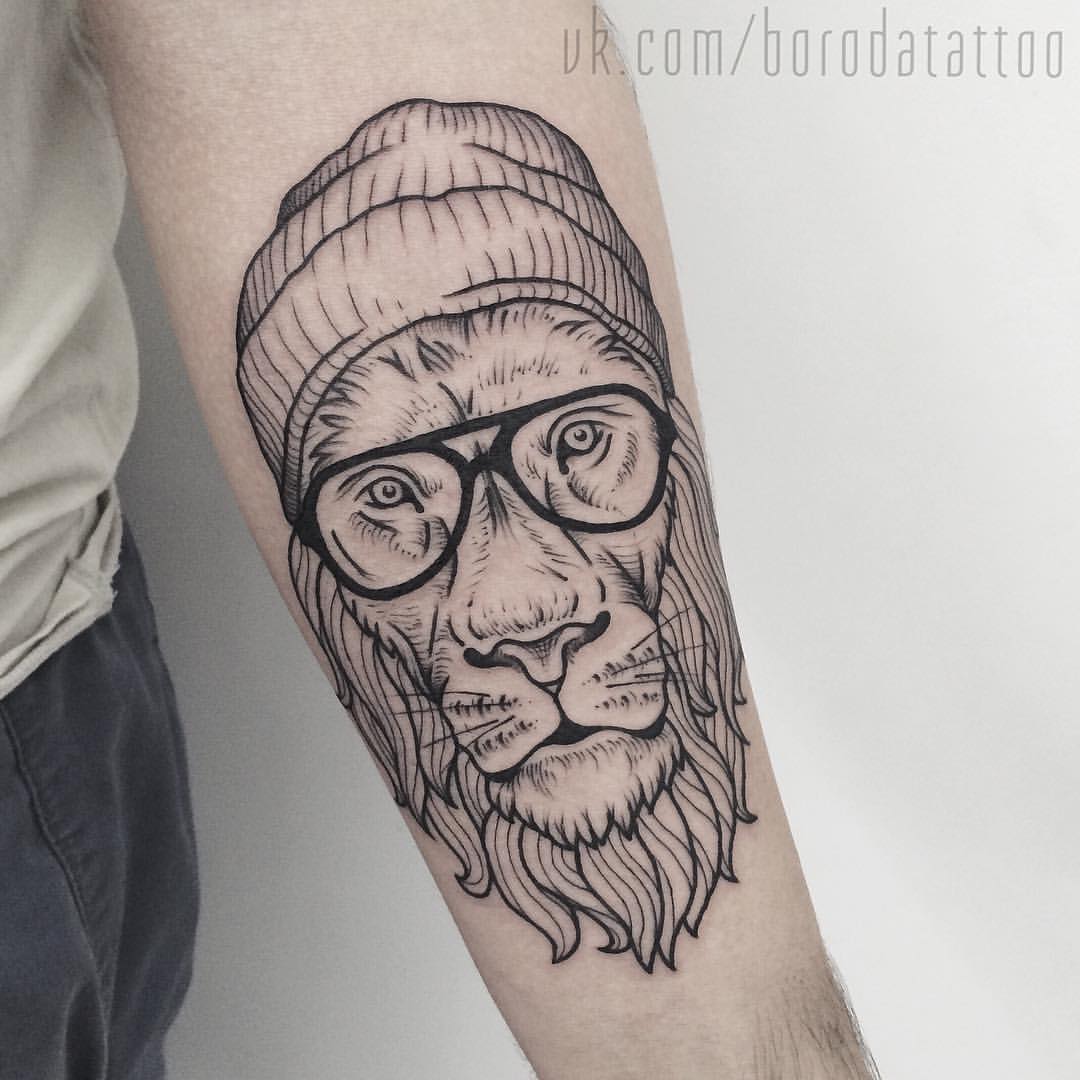 Hipster Lion Tattoo On Forearm