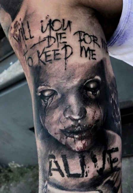 Horror Demon Tattoo With Wording – Will You Die For Me To Keep Me Alive