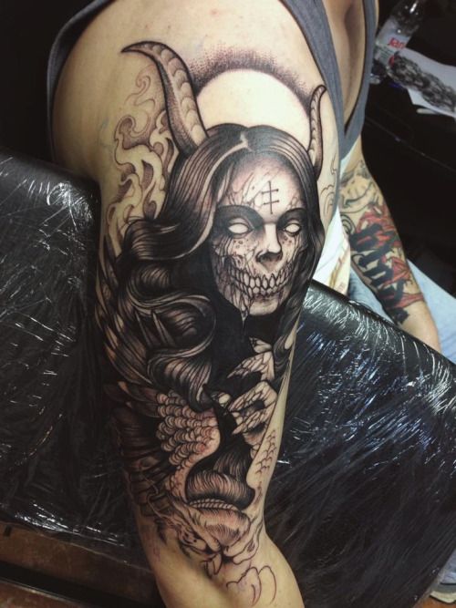 Horror Of A Woman With Devil Horns Demonic Tattoo On Half Sleeve