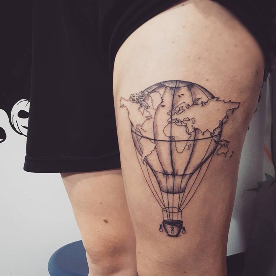Hot Air Balloon Globe Travel Lover Tattoo On Thigh
