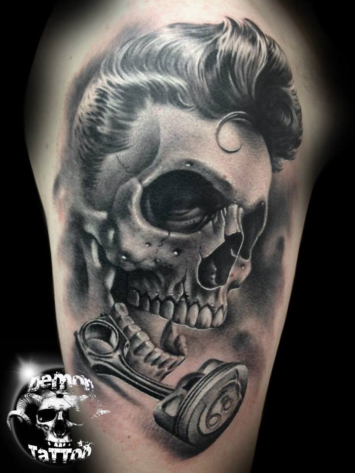 Incredible Art – Grey Ink 3D Demon Tattoo On Half Sleeve by Dani Martos