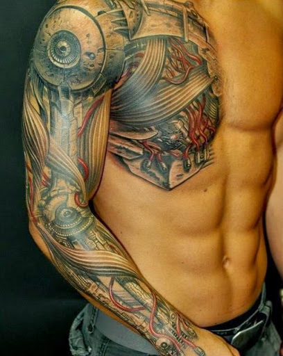 Incredible Biomechanical Arm and Half Chest Tattoo For Men