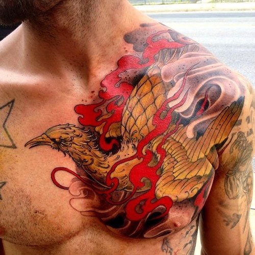 Incredible Phoenix Tattoo On Chest And Shoulder