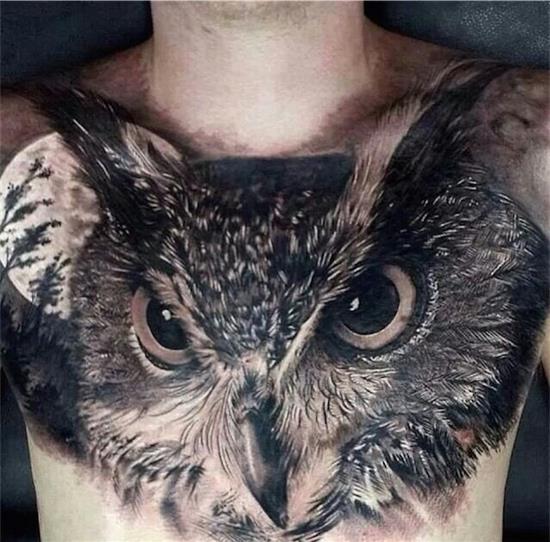 Large Realistic Owl Tattoo On Chest For Men