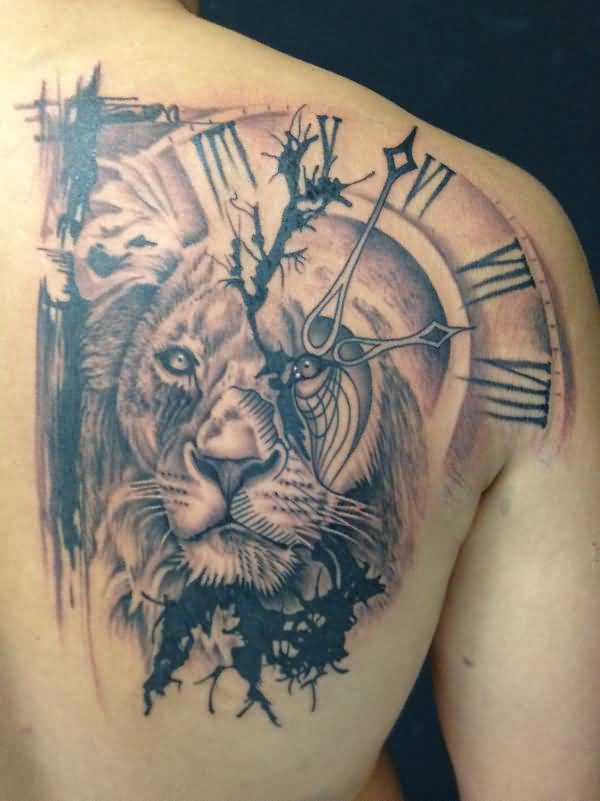 Lion Face And Clock Tattoo On Back Shoulder