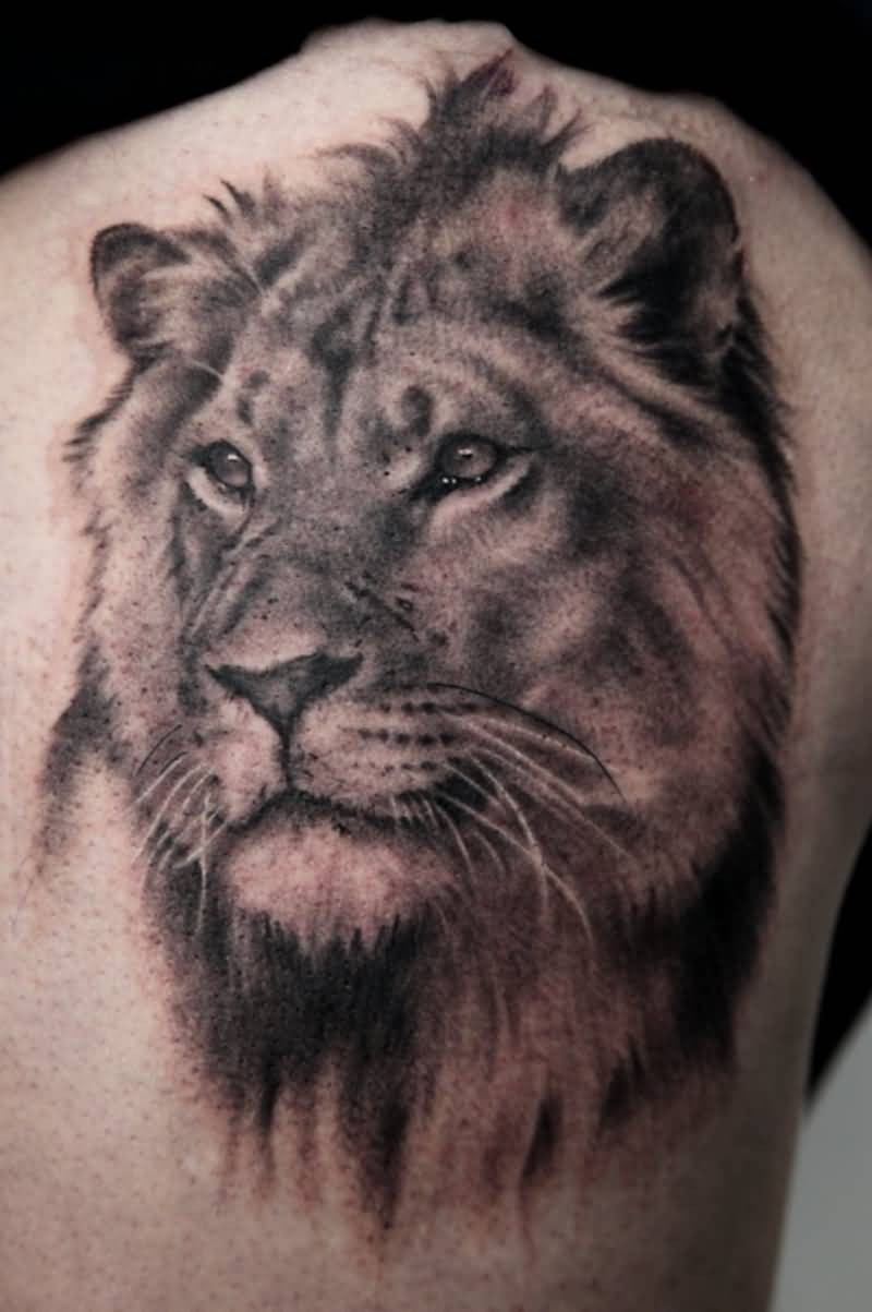 Lion Face Tattoo On Back shoulder