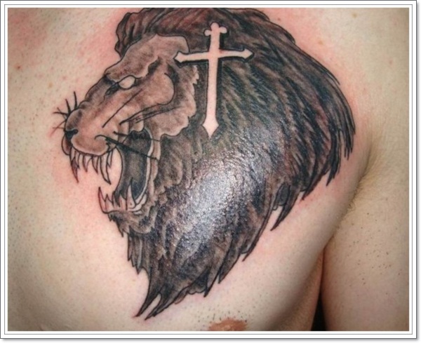 Lion Face With Cross tattoo On Chest