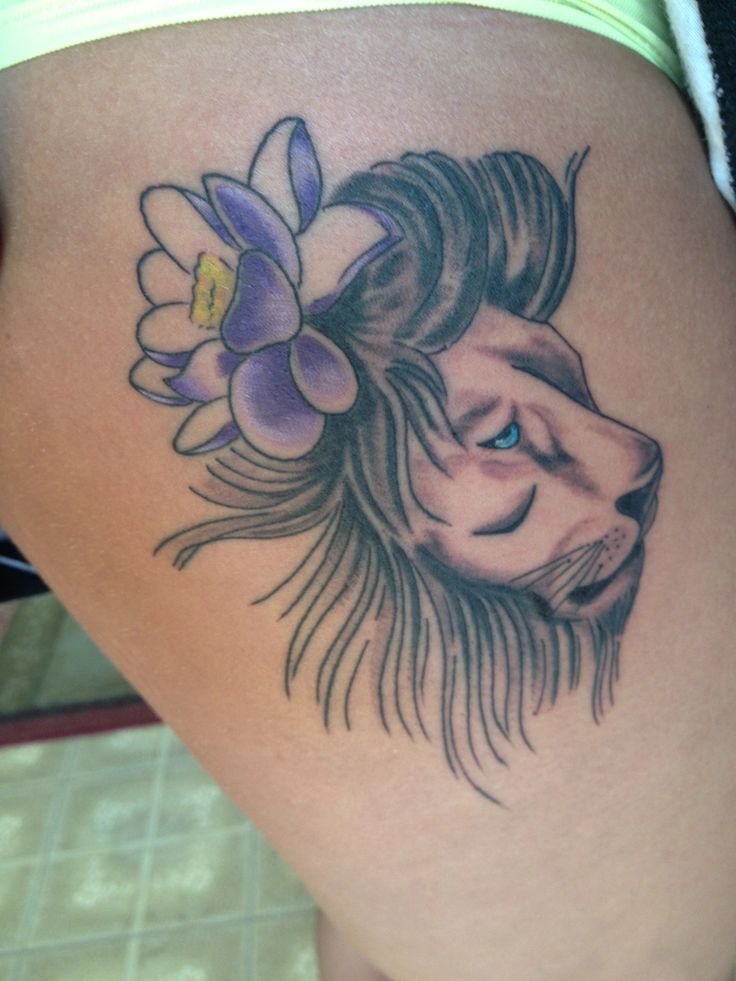 Lion Face With Purple Flower Tattoo