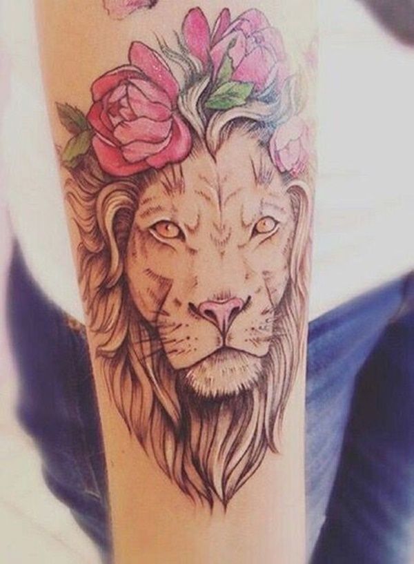 Lion Face With Rose flower Tattoo Design