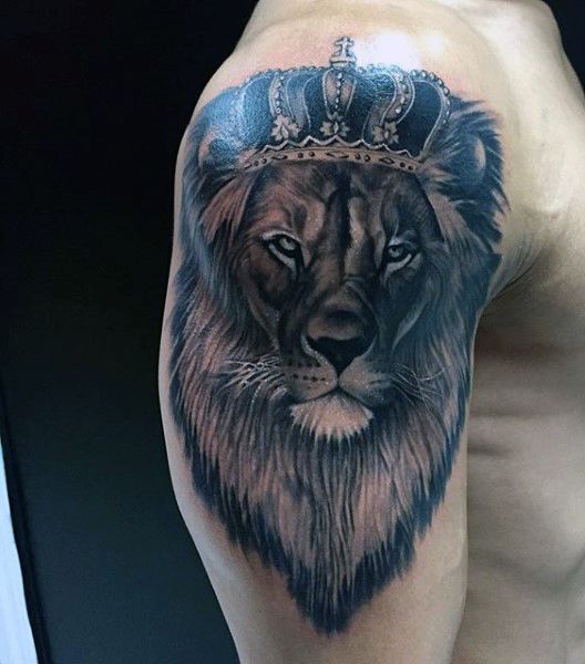 Lion With King Crown Tattoo On Upper Arm