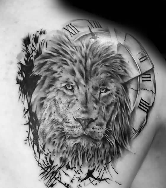 Lion With Roman Numerical Clock Tattoo On Shoulder