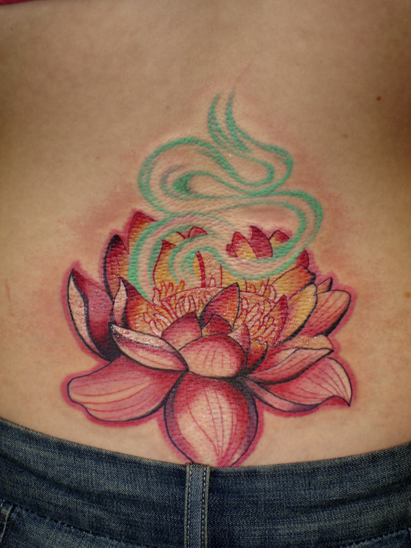 Lotus Flower With Blue Smoke Tattoo On Waist