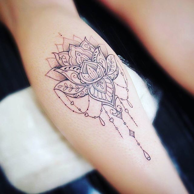 Mandala Lotus Tattoo On Leg Calf