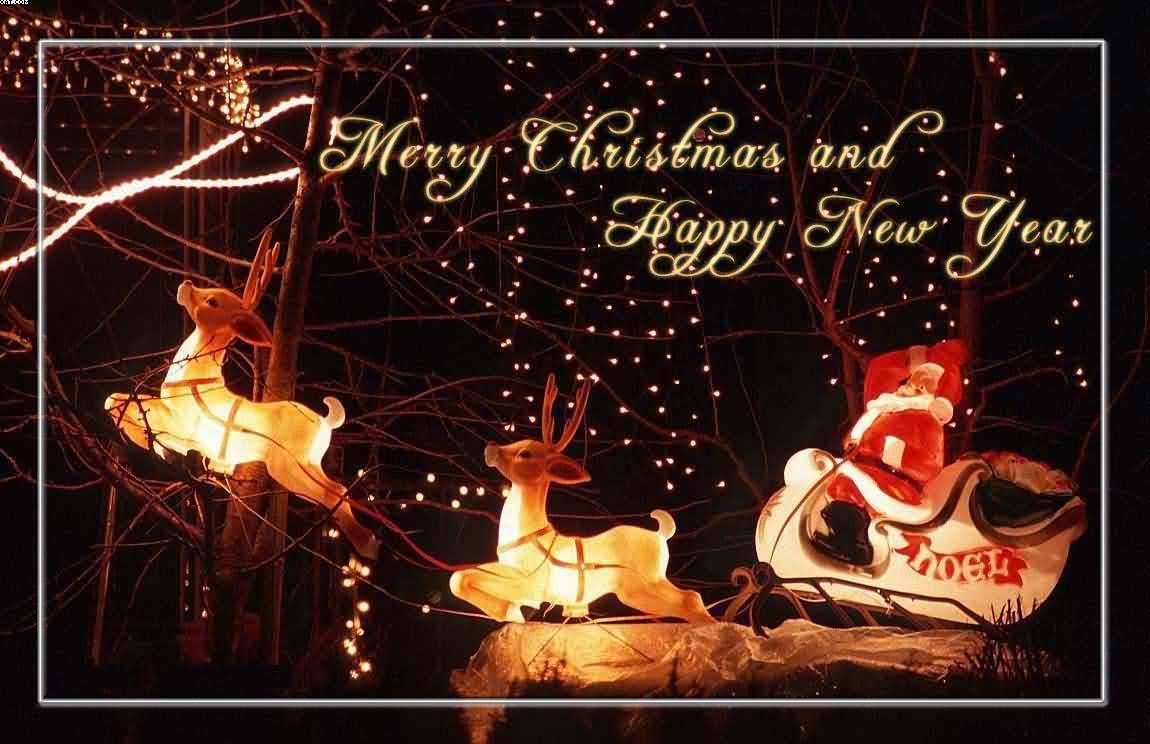 Merry Christmas and Happy New Year Deers Pulling santa sledge wallpaper