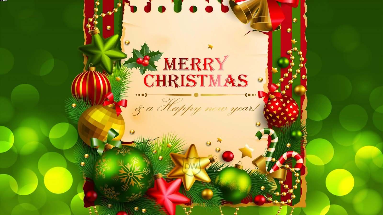 Merry Christmas and Happy New Year wishes greeting card on green background