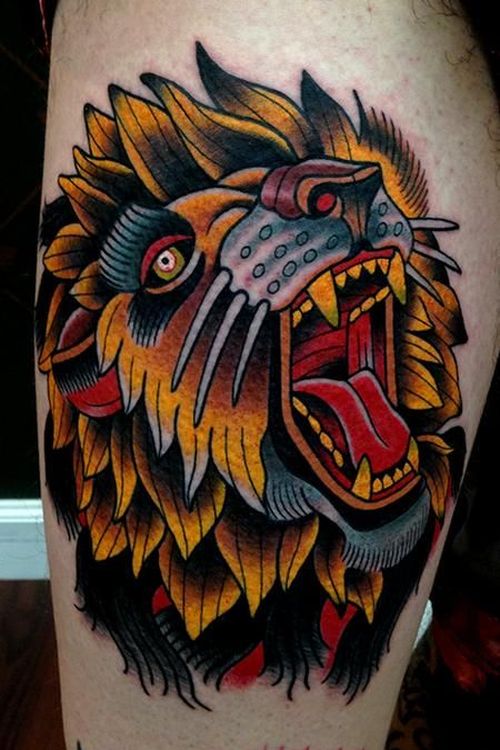 Multicolor Roaring Lion Face Tattoo Design