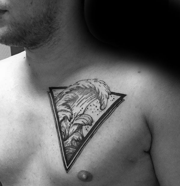 Ocean Wave Inside Of Triangle Guys Upper Chest Tattoo