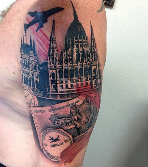 Old Buildings With Stamp and Airplane Travel Tattoo on Half Sleeve