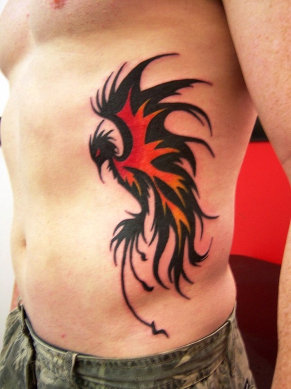 Orange And Black Adorable Phoenix Tattoo On Side Rib