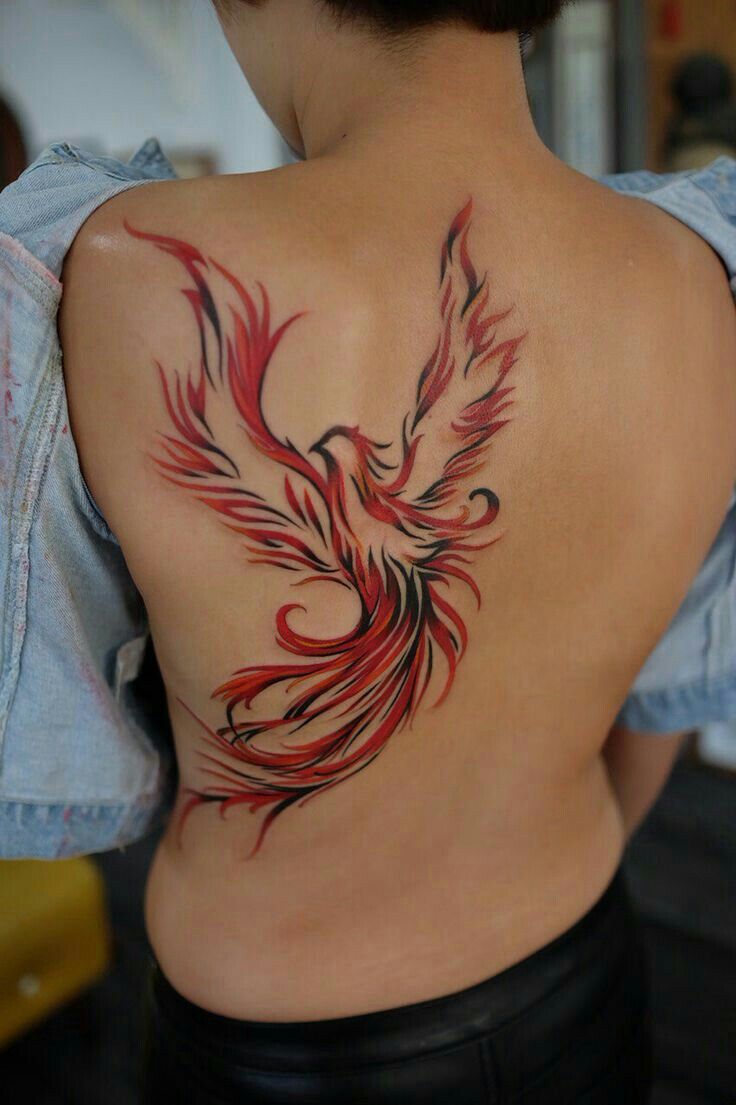 Orange And Black Phoenix Tattoo On Back
