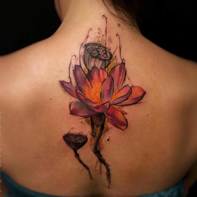 Orange Blossom Watercolor Lotus Flower Tattoo On Back