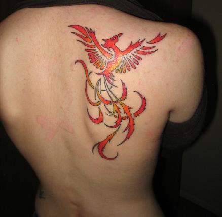 Orange Color Phoenix Tattoo On back