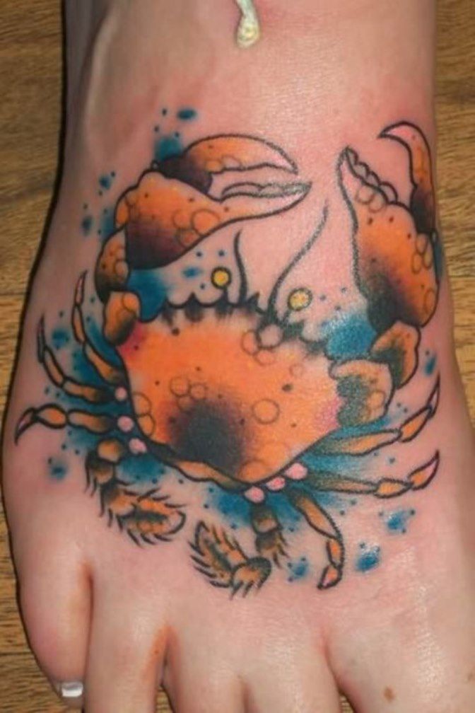 Orange Crab Tattoo On Foot